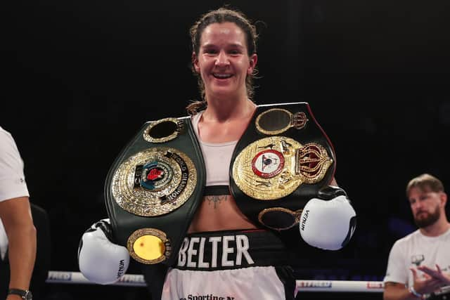 Terri Harper celebrates her win. Photo courtesy of Matchroom Boxing.