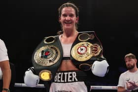 Terri Harper celebrates her win. Photo courtesy of Matchroom Boxing.