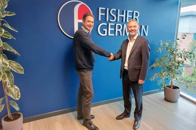 Miles Youdan is welcomed to the firm by Mike Price, head of commercial agency at Fisher German