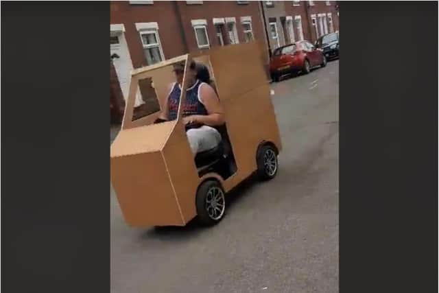 The mobile DJ in his wooden cart in Hexthorpe. (Photo: Emma Brock).