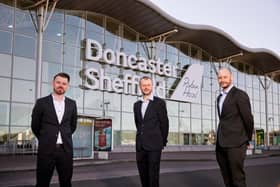 Pictured L-R Chris Harcombe, Managing Director, Doncaster Sheffield Airport, Prof Dave Petley, Vice President, University of Sheffield,  Neal Biddle, Peel, Pix: Shaun Flannery/shaunflanneryphotography.com