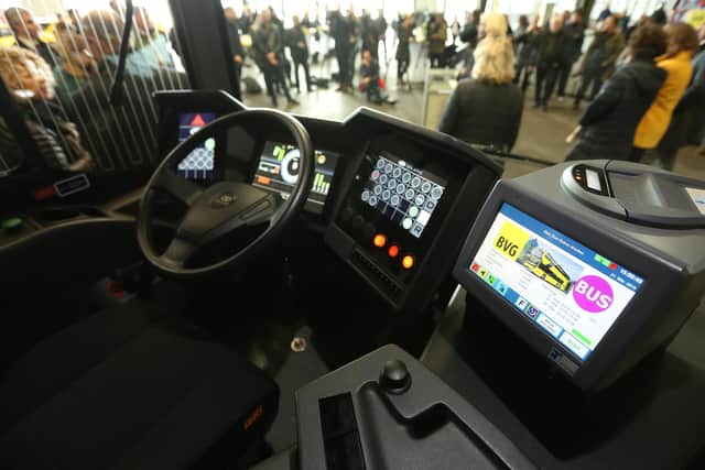 BERLIN, GERMANY - MARCH 27: The interior of an electric bus is seen at its presentation at a city bus maintenance depot on March 27, 2019 in Berlin, Germany. Thirty new electric buses, to be used by Berlin's public transport authority, BVG, to be deployed into the network throughout this spring, are expected to help reduce carbon monoxide and noise in the city, as well as provide Wifi for passengers.  (Photo by Adam Berry/Getty Images)