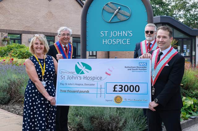 Pictured left to right are (front) Tracey Gaughan, hospice fundraiser; Jonnie Armstrong, of Thorne Mark Lodge; (backrow) Jim Stanley, Charity Steward for the Mark Benevolent Fund and Michael Bunce, Danum Mark Lodge.