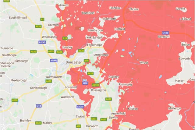 The areas in red would be underwater, leaving Doncaster as a coastal resort, according to climate experts.