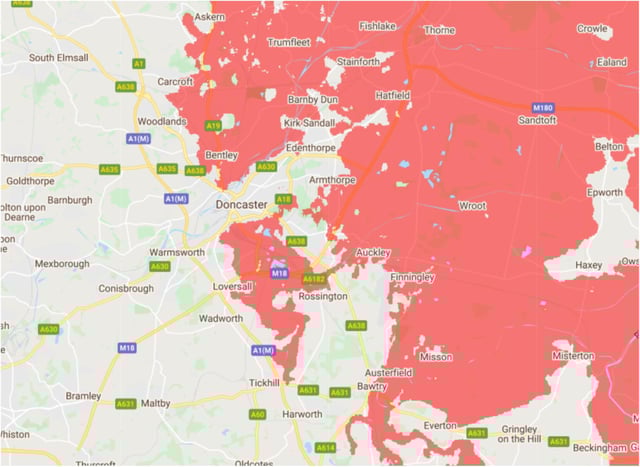 The areas in red would be underwater, leaving Doncaster as a coastal resort, according to climate experts.