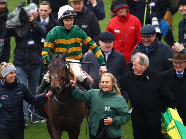 The famous green and gold silks of JP McManus (pictured second from right) have been carried into the Cheltenham Festival winner's enclosure no fewer than 73 times, making him the most successful owner in the meeting's history. Of those 73, one that has a special place in his heart is hardy veteran SIRE DU BERLAIS, who confounded odds of 33/1 last year to win the Paddy Power Stayers' Hurdle, three years after completing back-to-back successes in the Pertemps Handicap Hurdle. He's 12 now but he's back to defend his Stayers' crown on Thursday (3.30).