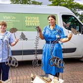 Rehabilitation assistant Natasha Shaw and staff nurse Hannah Craven are pictured with the donated metalwork, alongside the van from Thyme Served, the prison’s retail shop