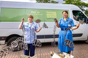 Rehabilitation assistant Natasha Shaw and staff nurse Hannah Craven are pictured with the donated metalwork, alongside the van from Thyme Served, the prison’s retail shop