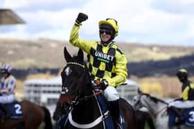 Shishkin, ridden by Nico de Boinville, pictured after winning the Sporting Life Arkle Challenge Trophy Novices' Chase at Cheltenham last year. Photo: Tim Goode - Pool/Getty Images