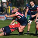 Impact player: Prop Joe Jones, centre, had a hand in three tries as Doncaster Knights ended 2024 on a high with victory over Hartpury at Castle Park on Sunday. (Picture: Jonathan Gawthorpe)