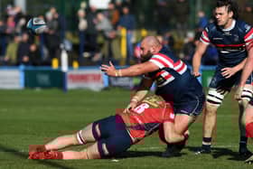 Impact player: Prop Joe Jones, centre, had a hand in three tries as Doncaster Knights ended 2024 on a high with victory over Hartpury at Castle Park on Sunday. (Picture: Jonathan Gawthorpe)