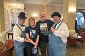 Rebecca and Dean Sills with Laurel and Hardy lookalikes Rob Graham and Gary Slade.