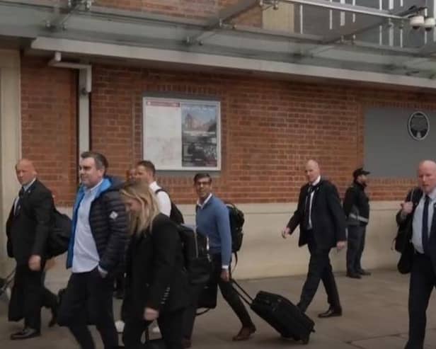 Prime Minister Rishi Sunak was among passengers at Doncaster railway station this morning. (Photo: BBC).