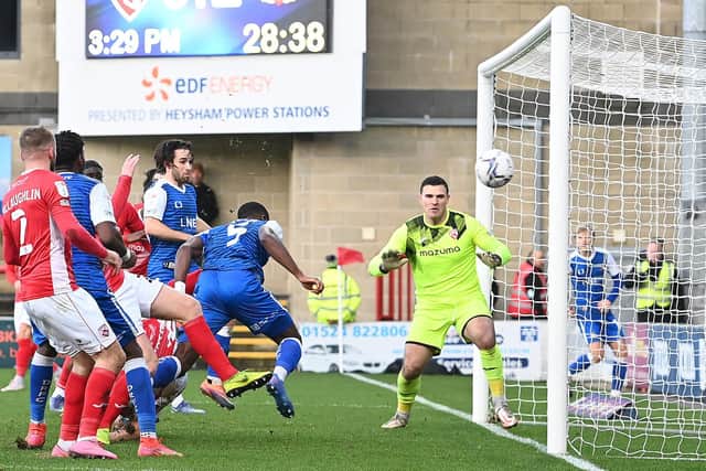 It had all looked so positive when Joseph Olowu headed home to put Rovers 3-0 up at Morecambe. Picture: Howard Roe/AHPIX