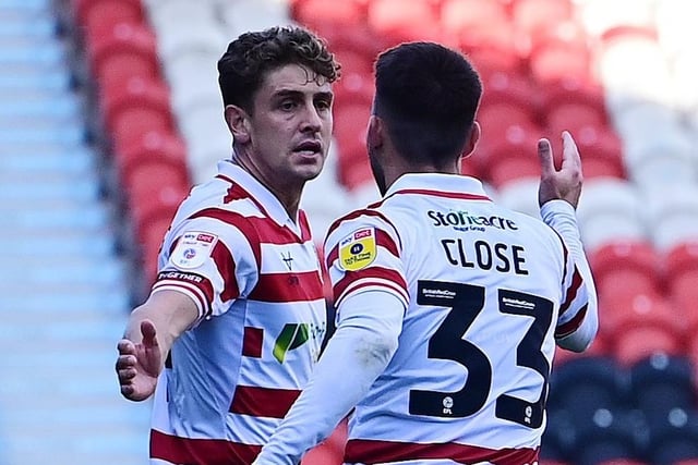 Doncaster's Harrison Biggins celebrates his goal with Ben Close.