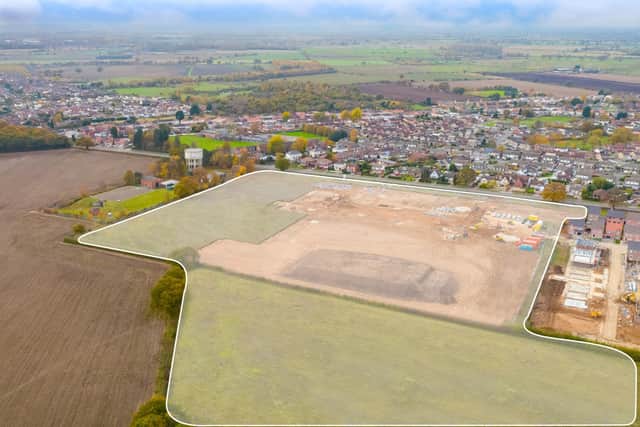 An aerial view of the development site, on the south-east side of the A18 Doncaster Road in Hatfield, north of Hatfield water tower.