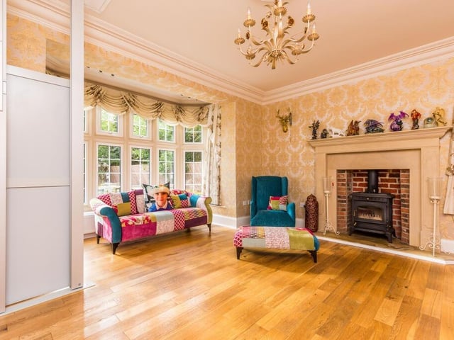 A lovely reception room with bay window and striking fireplace.