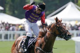 Tom Marquand celebrates after riding Desert Hero to win The King George V Stakes at Royal Ascot. Photo: Alan Crowhurst/Getty Images