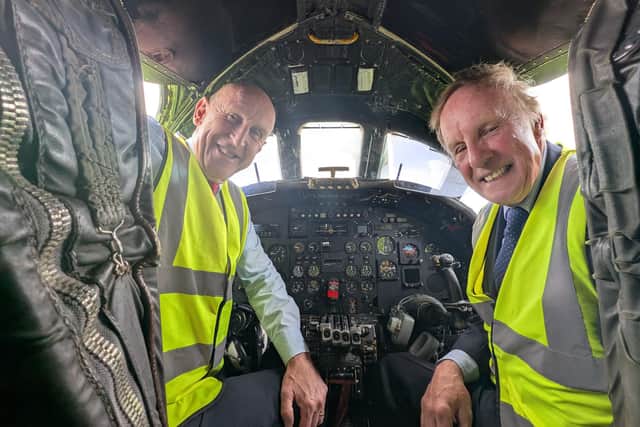 John Healey MP with Chairman of the Trust, Air Commodore Edward Jarron, in the cockpit of the Avro Vulcan XH558.