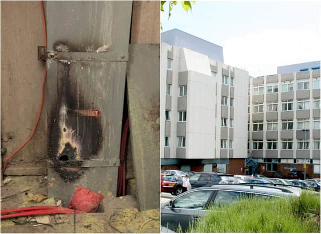 The blackened remains of the water damaged power box at Doncaster Royal Infirmary which caused a mass evacuation.