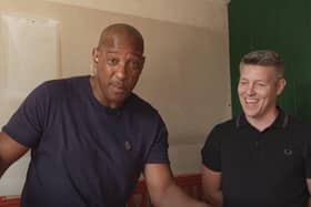 Dion Dublin with property owner Sam Ottey for the new episode of Homes Under The Hammer in Doncaster.