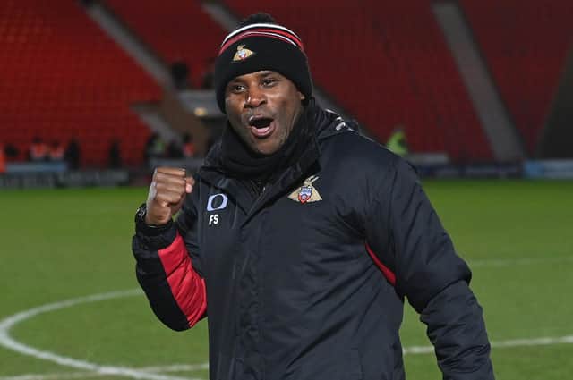 Assistant boss Frank Sinclair enjoys the midweek win over Accrington. Photo: Howard Roe/AHPIX LTD
