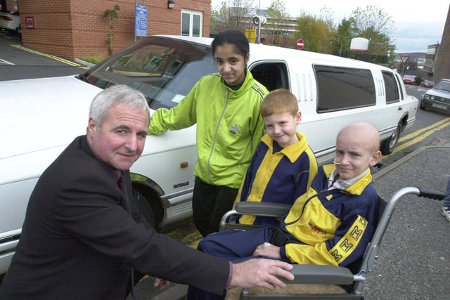 Sheffield businessman Glenn Copeland pictured outside the Sheffield Children's Hospital with patients, Mehnaz Mohammed(14), Keegan Hanley(6) and Michael Wainwright(13), after their trip in the limousine.