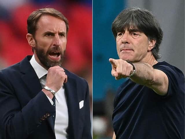 England coach Gareth Southgate and Germany counterpart Joachim Loew. Photo by LAURENCE GRIFFITHS, FRANCK FIFE/POOL/AFP via Getty Images