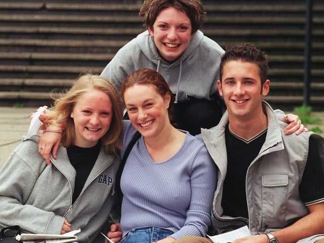 Nancy Purdey, Laura Biggin, Rebecca Heller and Phil Gosney celebrating after all getting the results they needed in their A level results back in 1999