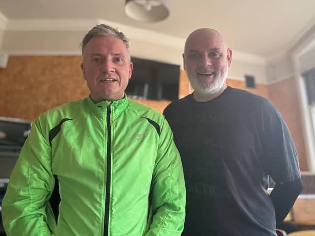 Charity runners Chris Hone (left) with Michael Hart (right).