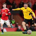 Tyler Roberts of Wolverhampton Wanderers shoots and misses during the FA Youth Cup Semi Final match between Manchester United and Wolverhampton Wanderers at Old Trafford on March 09, 2022 in Manchester, England. (Photo by Charlotte Tattersall/Getty Images)