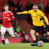 Tyler Roberts of Wolverhampton Wanderers shoots and misses during the FA Youth Cup Semi Final match between Manchester United and Wolverhampton Wanderers at Old Trafford on March 09, 2022 in Manchester, England. (Photo by Charlotte Tattersall/Getty Images)