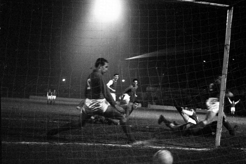 Eric Stevenson scores Hibs' second in a 2-1 win against Utrecht in December 1962