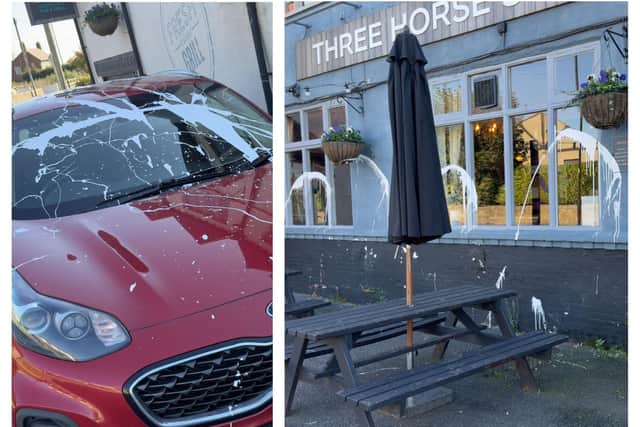 The Three Horse Shoes in Branton has been attacked by vandals, with white paint splattered across the front of the bar and the general manager's car. Photos: James Humphries