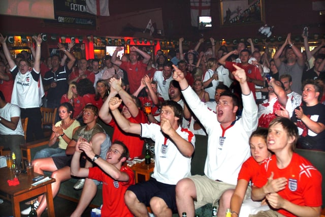 England fans watching last nights game between England & France in the Old Monk  Pub, in Norfolk  Street,Sheffield City Centre