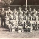 Doncaster Rovers 1984/85. Back (l-r) Eric Brailsford (physio), Steve Lister, Gary Lee, Nigel Saddington, Dennis Peacock, Paul Gregory, Colin Douglas, John Philliben, Steve Yates, Billy Bremner (manager), Dave Bentley (ass. manager). Middle (l-r) Ian Snodin, Billy Russell, John Buckley, Jim Dobbin, Glyn Snodin, Glenn Humphries, David Harle. Front (l-r) Neil Woods, Andy Kowalski, Alan Brown.