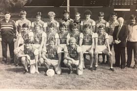 Doncaster Rovers 1984/85. Back (l-r) Eric Brailsford (physio), Steve Lister, Gary Lee, Nigel Saddington, Dennis Peacock, Paul Gregory, Colin Douglas, John Philliben, Steve Yates, Billy Bremner (manager), Dave Bentley (ass. manager). Middle (l-r) Ian Snodin, Billy Russell, John Buckley, Jim Dobbin, Glyn Snodin, Glenn Humphries, David Harle. Front (l-r) Neil Woods, Andy Kowalski, Alan Brown.