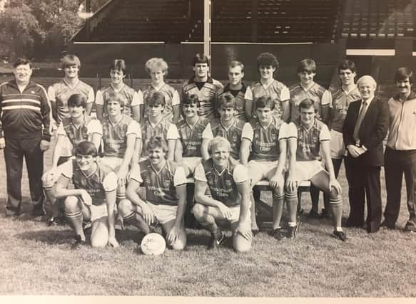 Doncaster Rovers 1984/85. Back (l-r) Eric Brailsford (physio), Steve Lister, Gary Lee, Nigel Saddington, Dennis Peacock, Paul Gregory, Colin Douglas, John Philliben, Steve Yates, Billy Bremner (manager), Dave Bentley (ass. manager). Middle (l-r) Ian Snodin, Billy Russell, John Buckley, Jim Dobbin, Glyn Snodin, Glenn Humphries, David Harle. Front (l-r) Neil Woods, Andy Kowalski, Alan Brown.