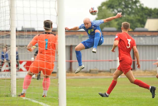 Ross Hannah goes close for Rossington Main in their win at Selby Town. Photo: Russ Sheppard/Offthebenchpics