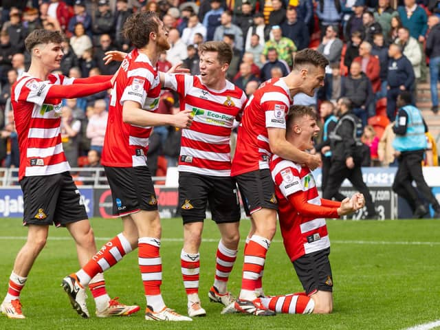 Rovers celebrate Rob Street's goal against Bradford.