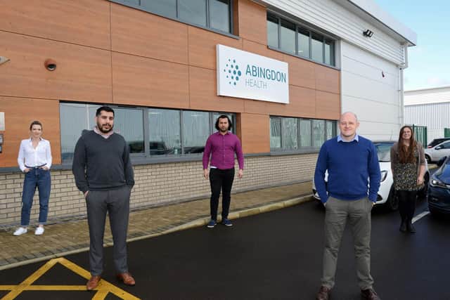 Pictured at Abingdon Health are l-r Sammie Roberts, QA Manager, Naveed Khalil, Secondary Team Leader, Feisal Samadi, Primary Production Technician, Mark Jones, Site Lead and Jessica Wright, Primary Production Team Leader. Picture: NDFP-16-03-21-AbingdonHealth 1-NMSY