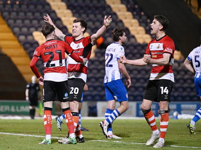 Rovers celebrate Joe Ironside's goal during another great display at Colchester United.