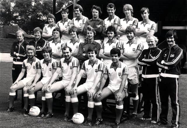 Doncaster Rovers, July 1980. Back row (l-r): Shaun Flanagan, Stewart Mell, Alan Warboys, Willie Boyd, Pat Lally, Billy Russell, Steve Daniels. Middle row: Gerry Delahunt (physiotherapist), Cyril Knowles (coach), Alan Little, Steve Lister, Mark Shipley, John Dowie, David Bradley, Billy Bremner (manager), Dave Bentley (coach). Front row: Glynn Snodin, Daral Pugh, Hugh Dowd, Ian Nimmo, Mick Bates.