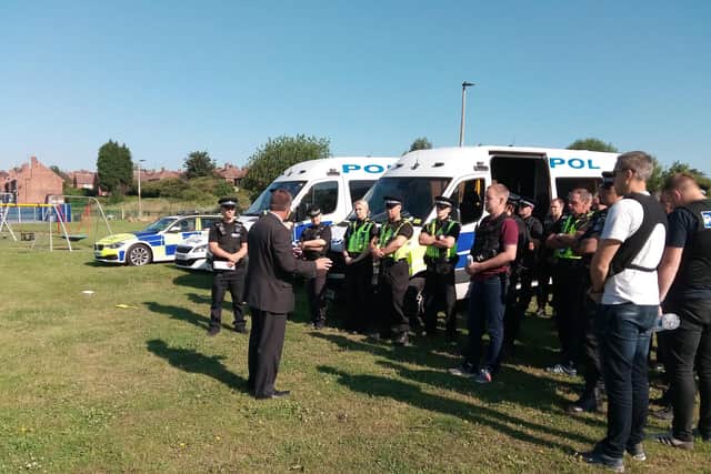 Det Insp Steve Smith briefs police officers at the park on Schofield Street, Mexborough, ahead of a previous operation. Now officers on Covid 19 patrol have made an arrest there