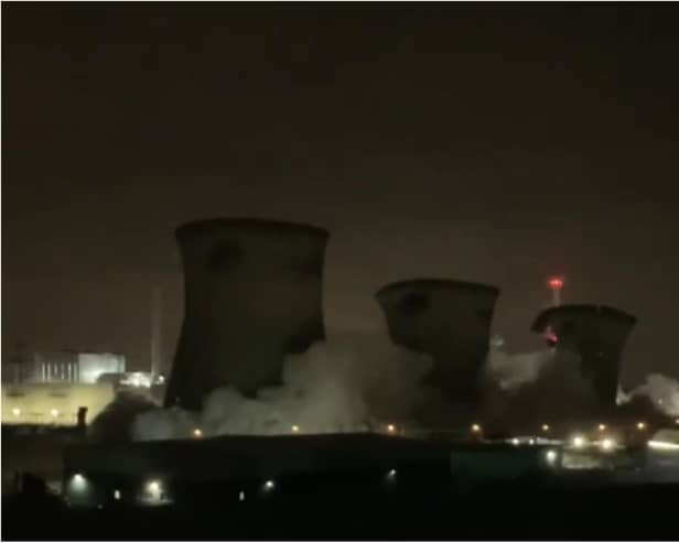 The cooling towers at Ferrybridge come crashing down. (Video/photo: Daniel Pollard).