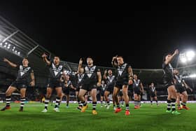 World number one team New Zealand perform the Haka prior to their Rugby League World Cup games. Photo by George Wood/Getty Images for RLWC