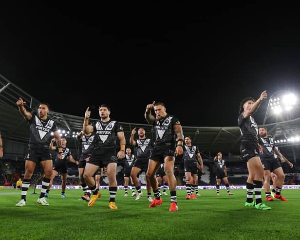 World number one team New Zealand perform the Haka prior to their Rugby League World Cup games. Photo by George Wood/Getty Images for RLWC