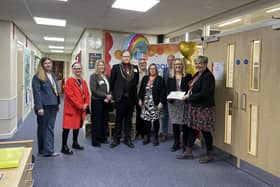 Pictured at the presentation at Sheep Dip Lane Academy are (from left): Faye Parish (Principal), Glynis Smith, Fiona Anderson, Duncan Anderson (Doncaster Civic Mayor), Natalie Buckley (Vice Chair of Governors), Beryce Nixon (CEO), Chris Lambert (Chair of Governors), Viv Trask-Hall (Thrive) and Alison Parkhurst (Vice Principal).