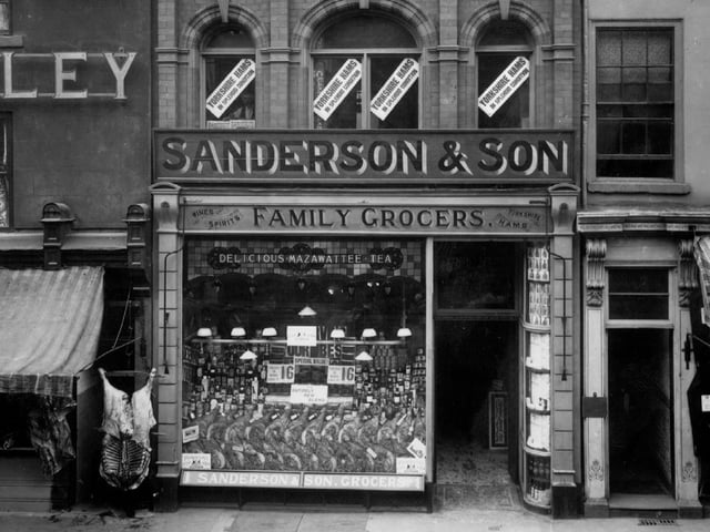 Yorkshire hams for sale at the Sanderson & Son, Family Grocers, St Sepulchre Gate, Doncaster