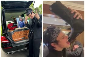 Yungblud paid a rock and roll tribute to late grandad Rick Harrison by drinking beer from his old cowboy boots at his funeral. (Photo/video: Yungblud/Twitter).